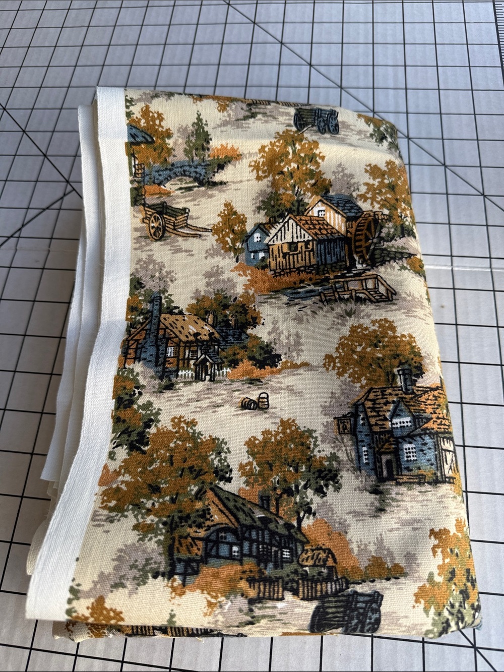 Vintage 1940s Village Scenic Fabric 2 3/8 Yards 48” Wide Cotton Canvas